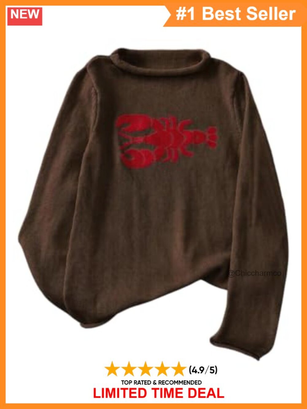 Cozy Roll Neck Lobster Embroidery Pullover Sweater Loose Knit